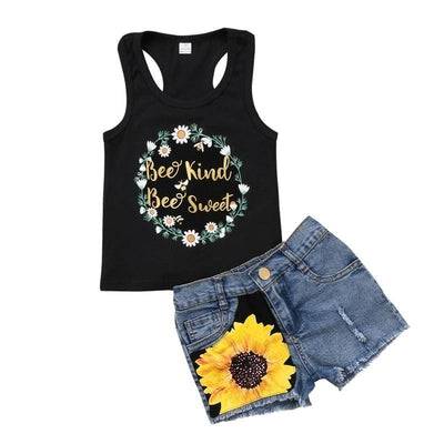 Kids Girl Sleeveless Vest Tops Sunflower Be Kind Be Sweet Short Pants Black