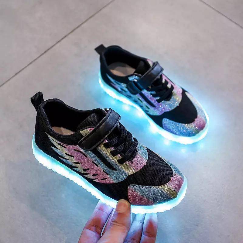 Children Led Light Up USB Charge Sneakers Shoes Black