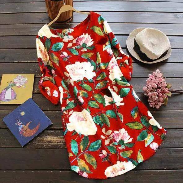 Long Sleeve Beach Round Neck Loose Short Dress Red
