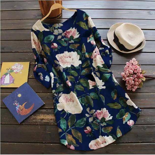 Long Sleeve Beach Round Neck Loose Short Dress Dark blue