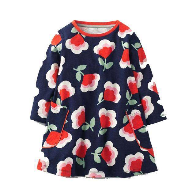 Long Sleeve Princess Animal Flower Tunic Jersey Dress Rose Dark Blue