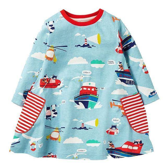 Long Sleeve Princess Animal Flower Tunic Jersey Dress Sky Blue Red