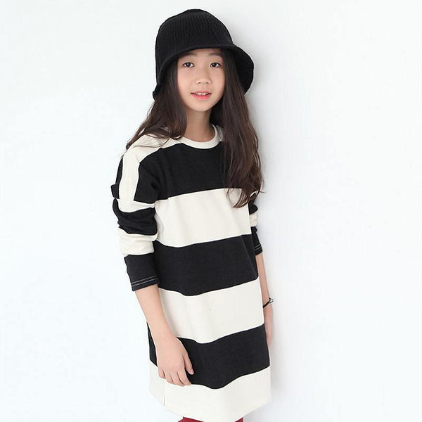 Long Sleeve Striped Black White Teenage Girls Dress
