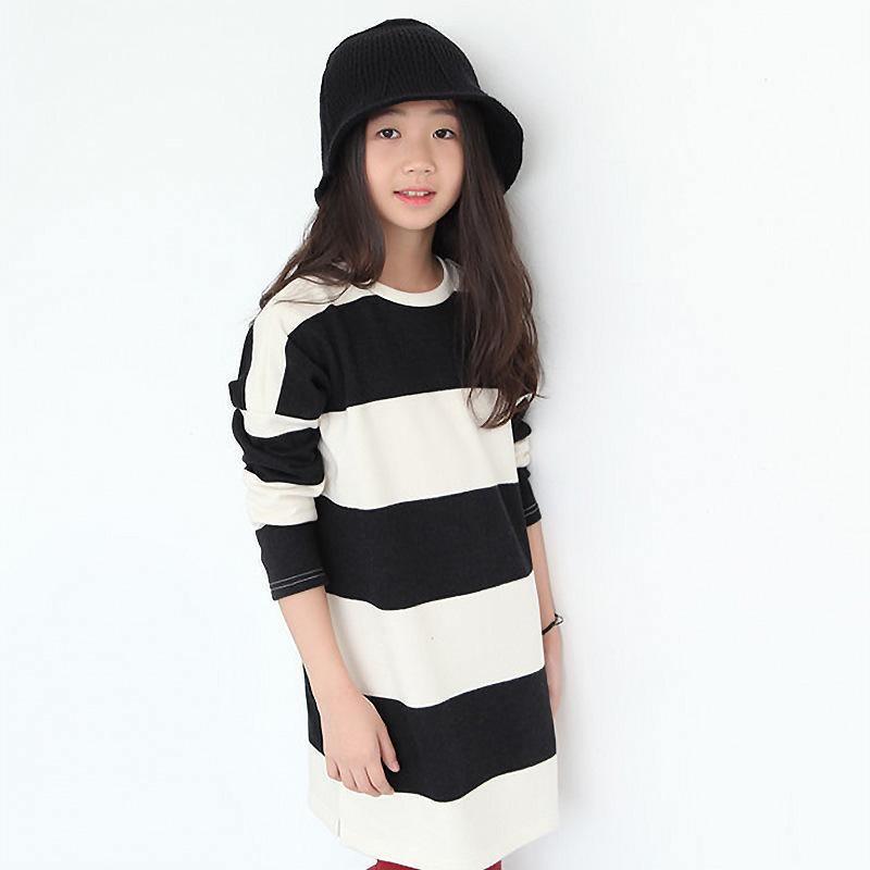 Long Sleeve Striped Black White Teenage Girls Dress