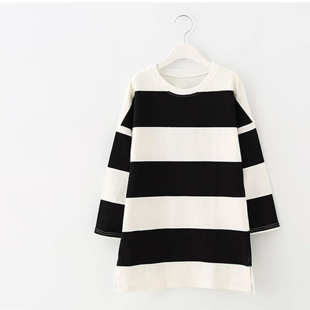 Long Sleeve Striped Black White Teenage Girls Dress Black White