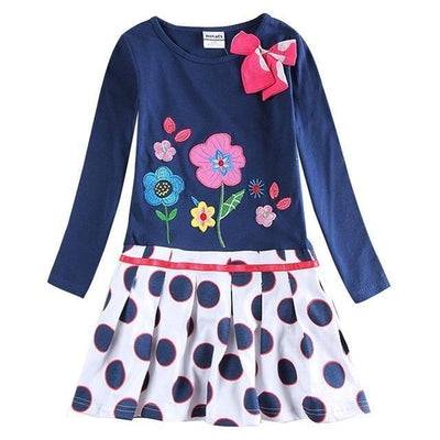 Floral Long Sleeve Girls Novelty Dress White Dark Blue