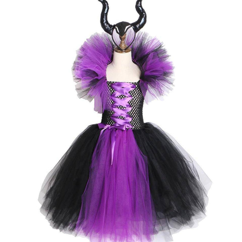 Maleficent Girls Tutu Halloween Cosplay Dress Purple Dress & Horn