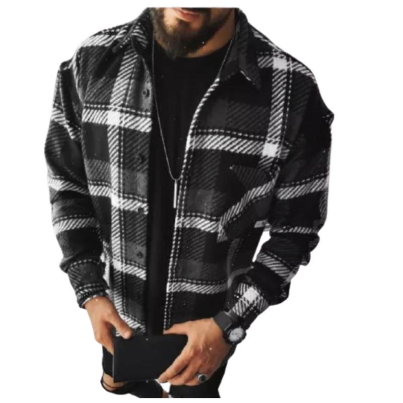 Men's Casual Plaid 2021 Long Sleeve Single-Breasted Shirt Black Plaid