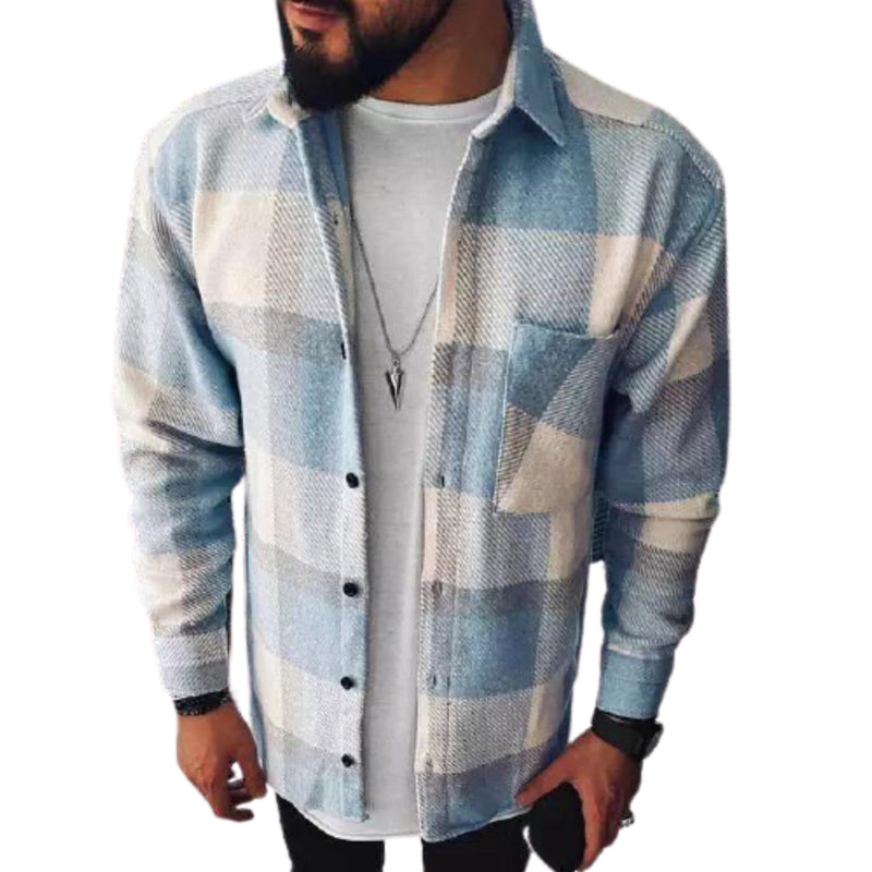 Men's Casual Plaid 2021 Long Sleeve Single-Breasted Shirt Light blue
