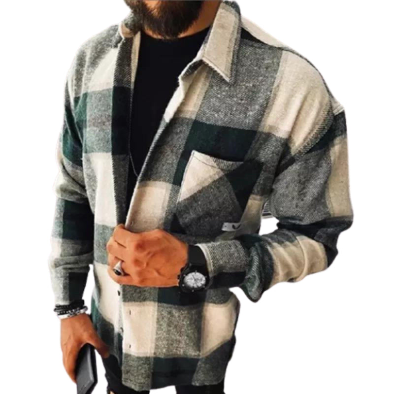 Men's Casual Plaid 2021 Long Sleeve Single-Breasted Shirt Green Squares