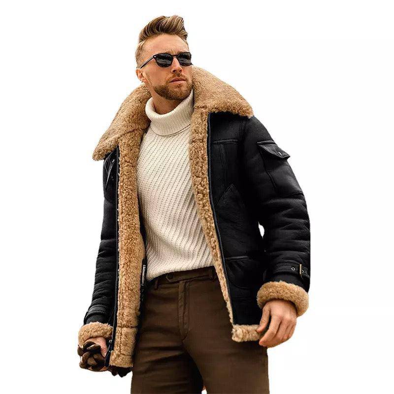 Men Winter Fur Collar Leather Jacket