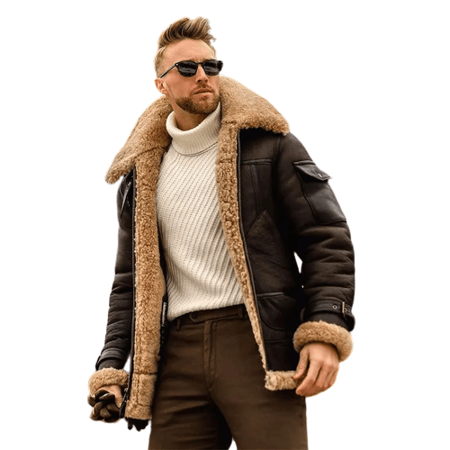 Men Winter Fur Collar Leather Jacket Brown