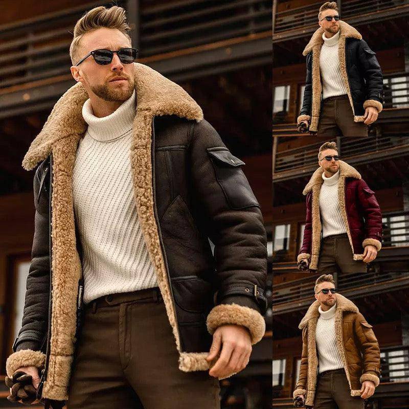 Men Winter Fur Collar Leather Jacket