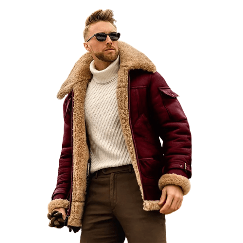 Men Winter Fur Collar Leather Jacket Wine Red