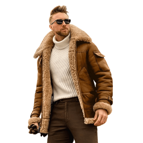 Men Winter Fur Collar Leather Jacket Coffee