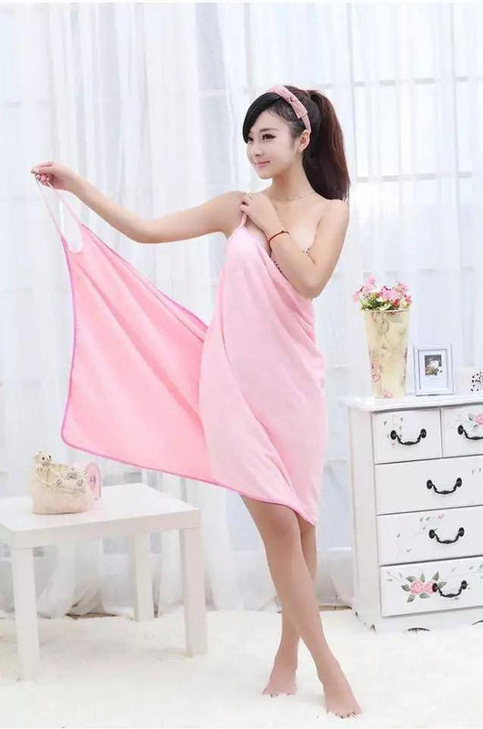 Multi-functional Towel Women Bath Robes Wearable Towel Dress Pink Regular