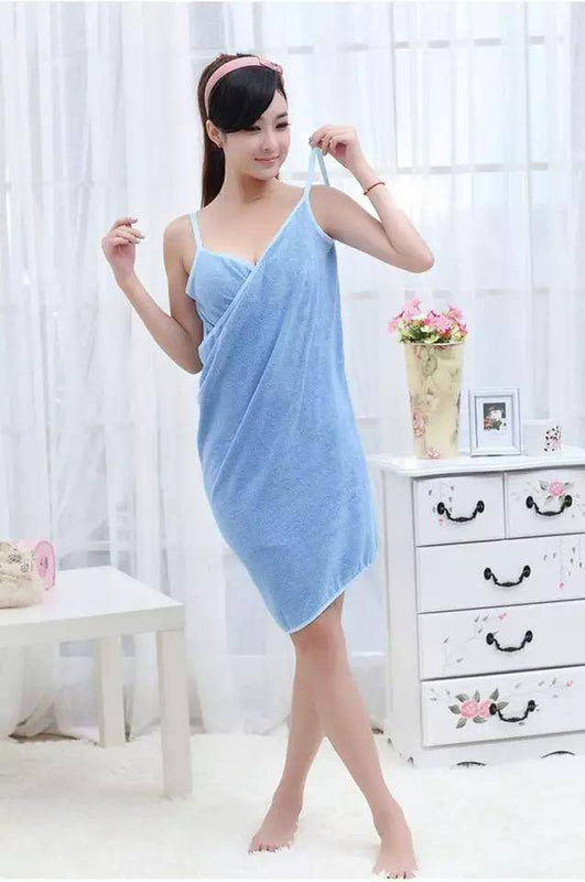 Multi-functional Towel Women Bath Robes Wearable Towel Dress Blue Regular