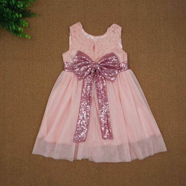 New Baby Kids Girls Bow Sleeveless Lace Dress Pink