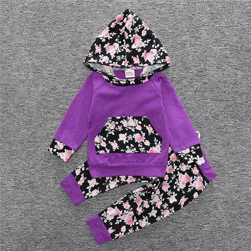 New Baby Unisex Long Sleeve Hooded Tops Floral pants Purple