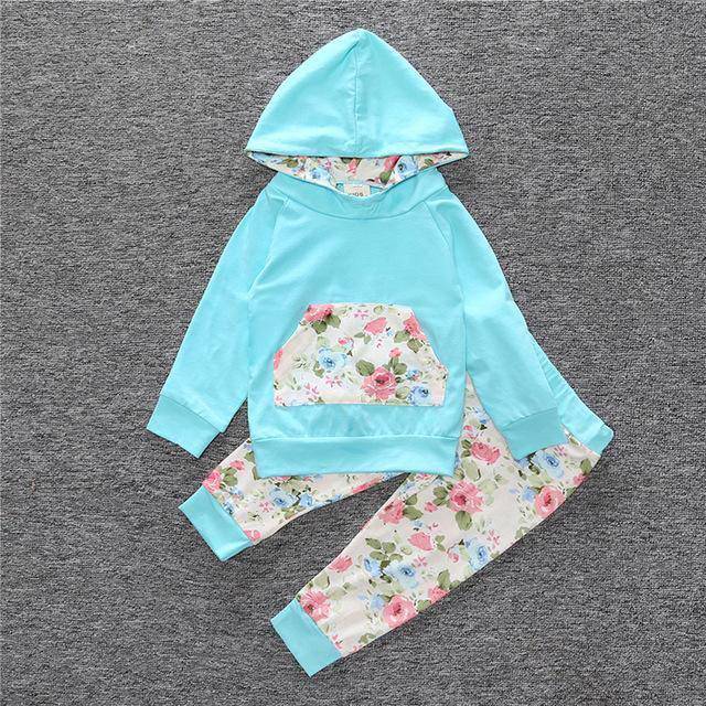 New Baby Unisex Long Sleeve Hooded Tops Floral pants Sky Blue