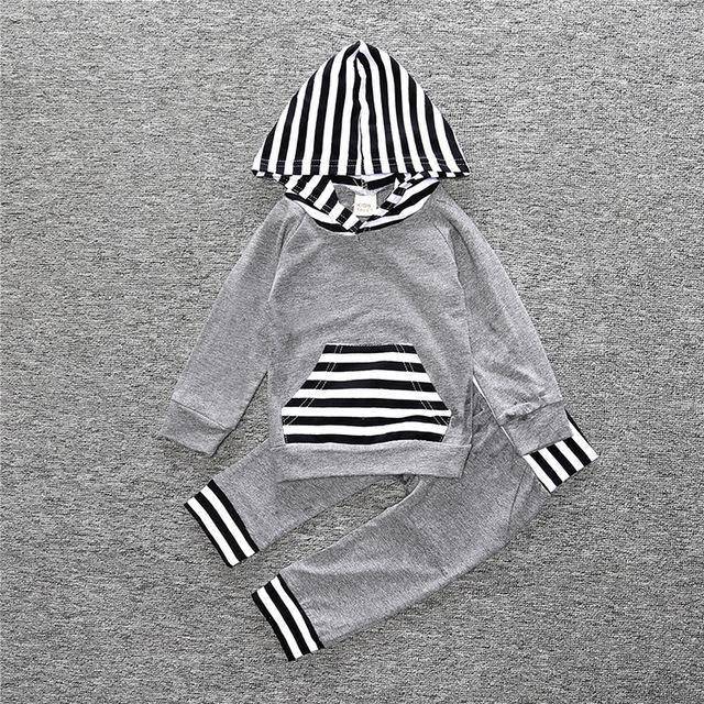 New Baby Unisex Long Sleeve Hooded Tops Floral pants Dark Grey