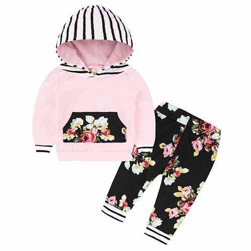 New Baby Unisex Long Sleeve Hooded Tops Floral pants Pink Black