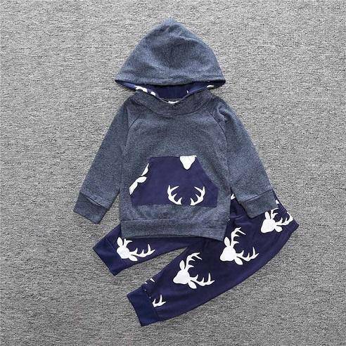 New Baby Unisex Long Sleeve Hooded Tops Floral pants Dark Blue