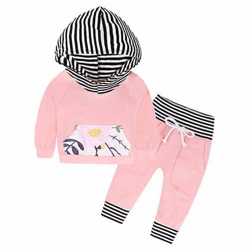 New Baby Unisex Long Sleeve Hooded Tops Floral pants Orange