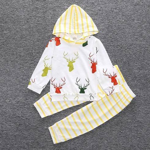 New Baby Unisex Long Sleeve Hooded Tops Floral pants Light Yellow