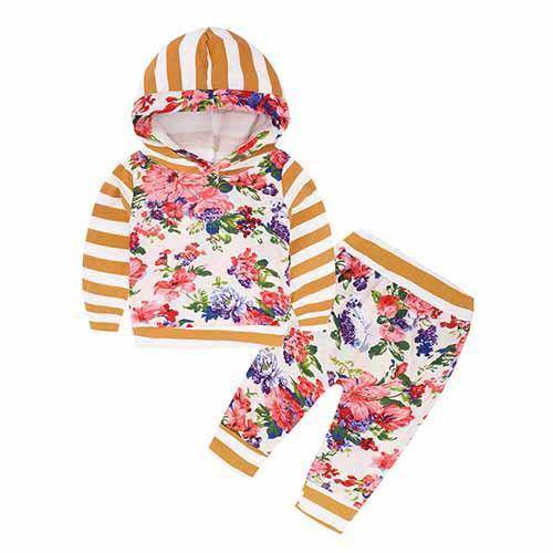 New Baby Unisex Long Sleeve Hooded Tops Floral pants Orange Pink