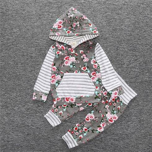 New Baby Unisex Long Sleeve Hooded Tops Floral pants Pink