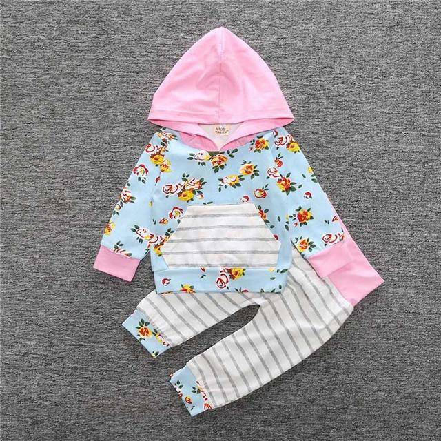 New Baby Unisex Long Sleeve Hooded Tops Floral pants Light Pink