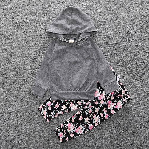 New Baby Unisex Long Sleeve Hooded Tops Floral pants Grey