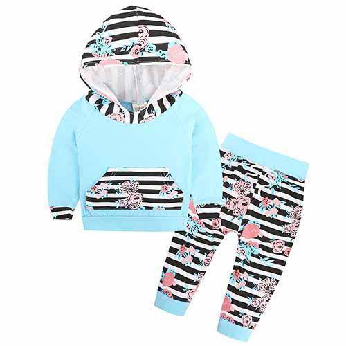 New Baby Unisex Long Sleeve Hooded Tops Floral pants Sky Blue Grey