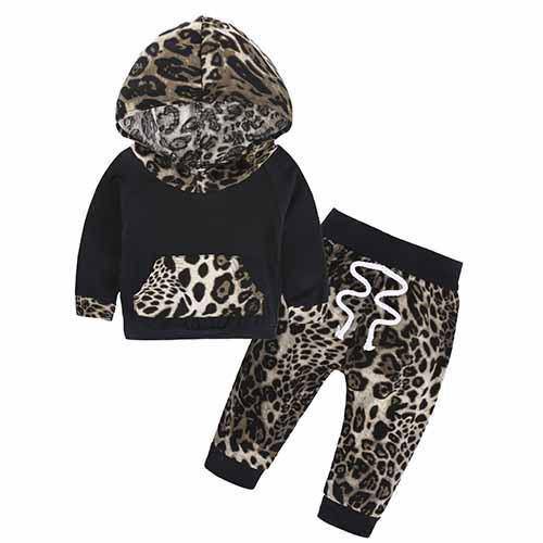 New Baby Unisex Long Sleeve Hooded Tops Floral pants Black