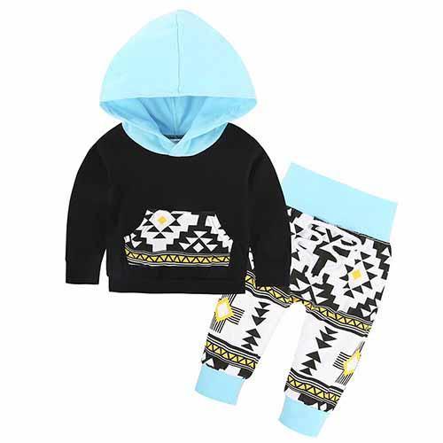 New Baby Unisex Long Sleeve Hooded Tops Floral pants Light Blue