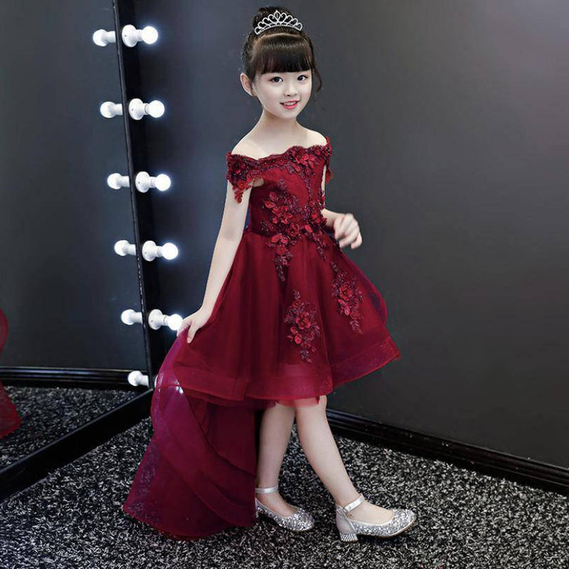 New Elegant Girl Red Lace Shoulderless First Communion Dress Tail Red