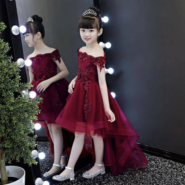 New Elegant Girl Red Lace Shoulderless First Communion Dress
