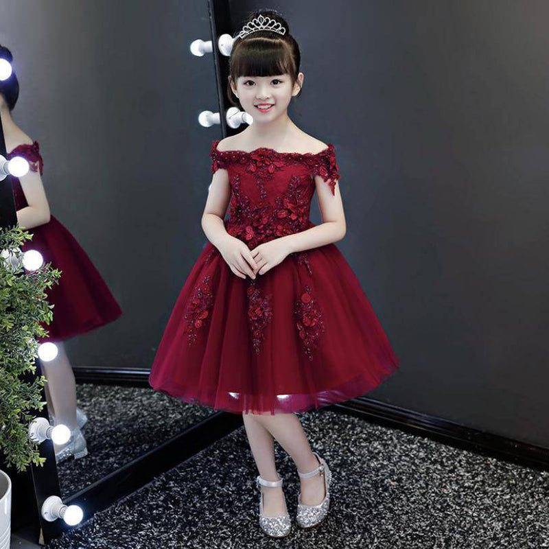New Elegant Girl Red Lace Shoulderless First Communion Dress Short Red