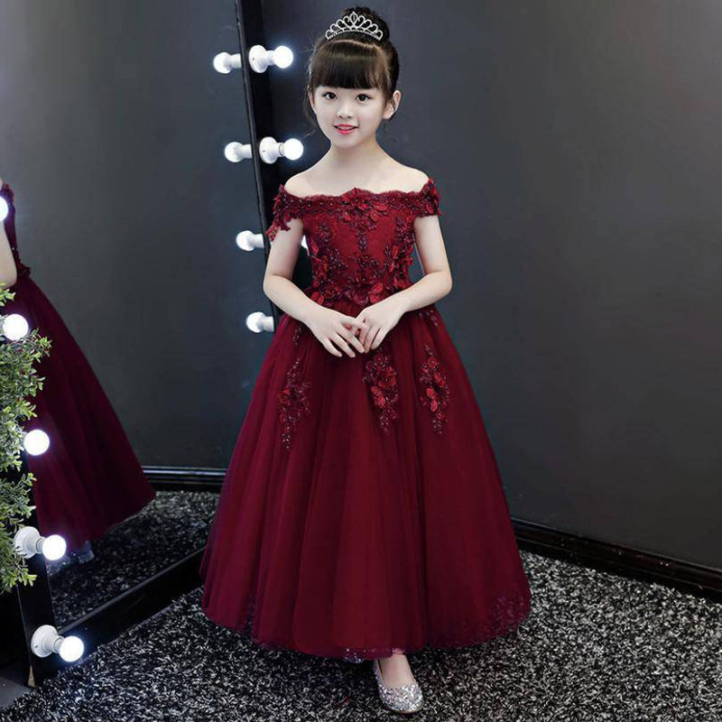 New Elegant Girl Red Lace Shoulderless First Communion Dress Long Red