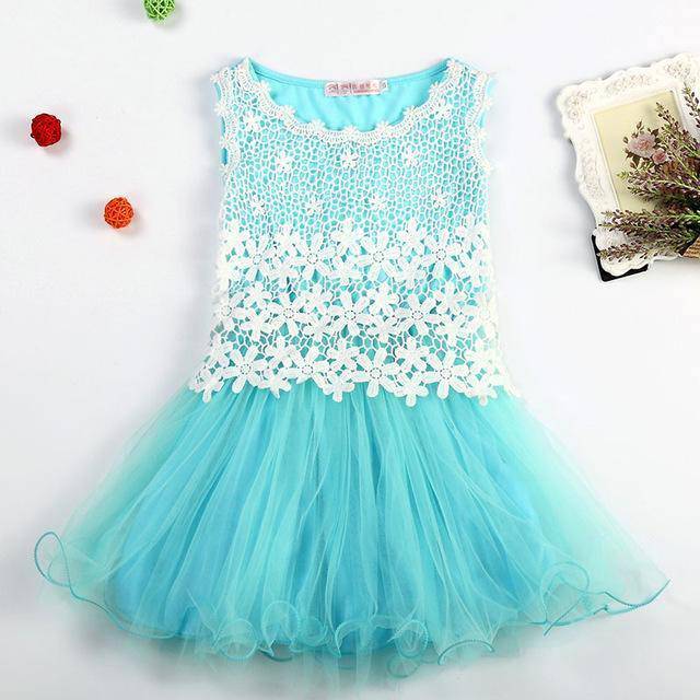 New Lace Flower Girl Dresses Hollow Mesh Blue