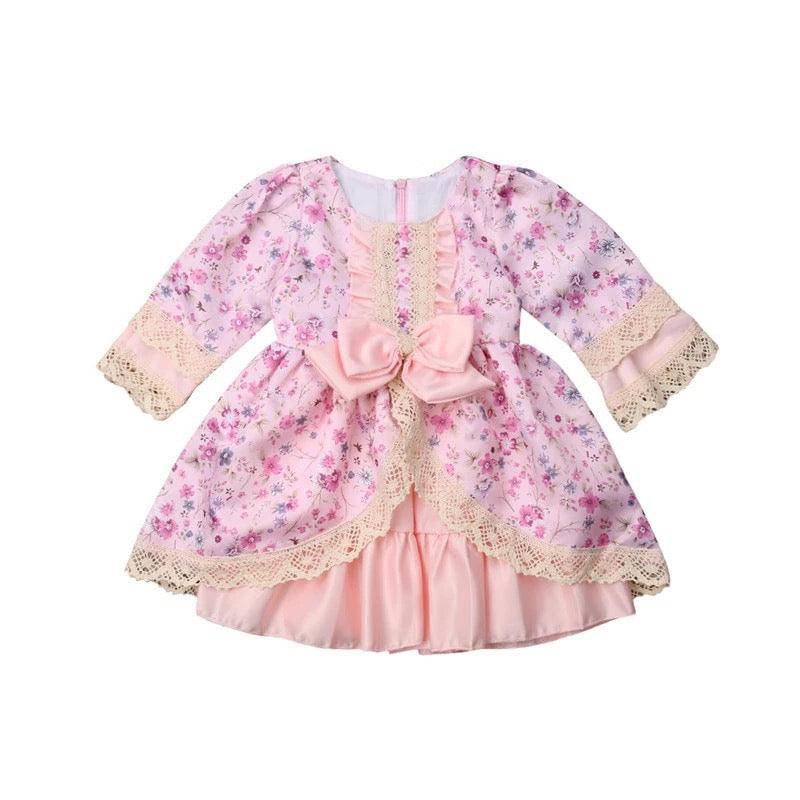 New Princess Floral Bowknot Ruffles Dress Pink