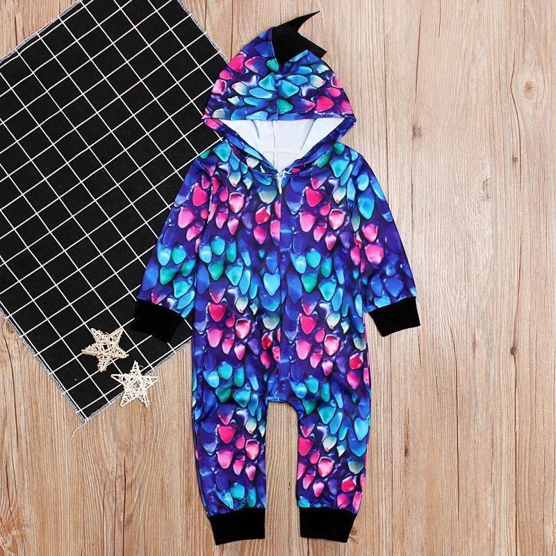 Newborn Baby Boy Girl Dinosaur Colorful Hooded Jumpsuit Purple