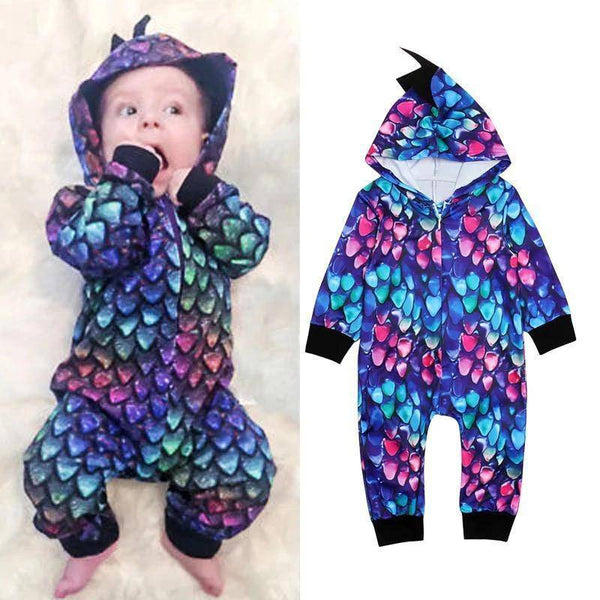 Newborn Baby Boy Girl Dinosaur Colorful Hooded Jumpsuit