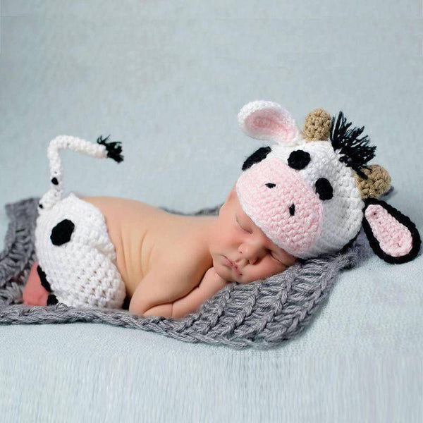 Newborn Baby Cow Crochet Knit Clothing Outfit White
