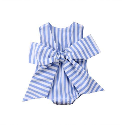 Newborn Baby Girl Striped Sleeveless V-Neck Romper Outfit Blue