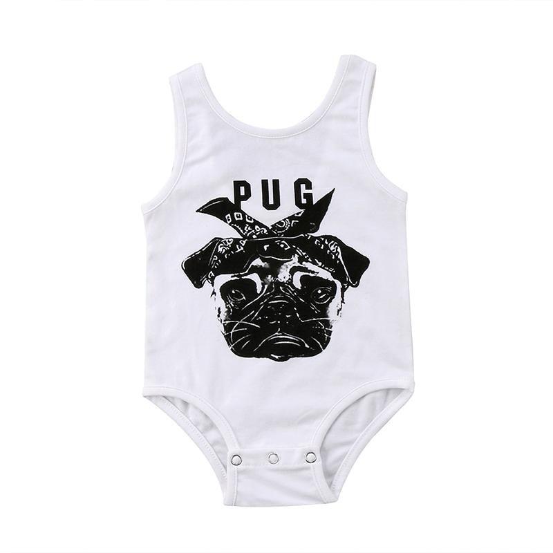 Newborn Boy Girl Sleeveless Vest Pug Romper White