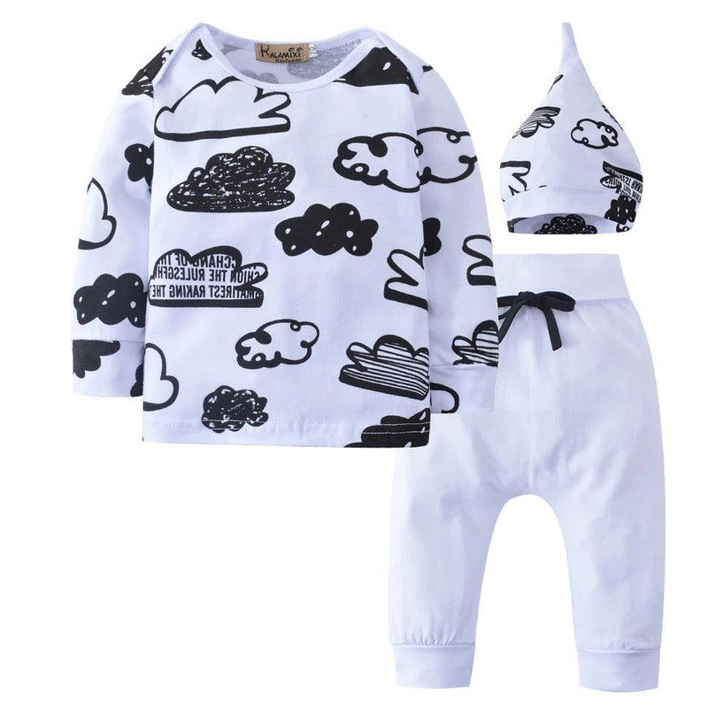 Newborn Boys Print T Shirt Pants Cap Outfit White