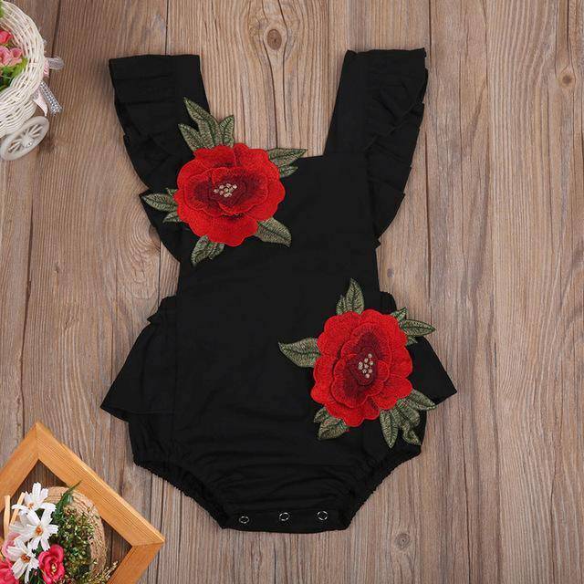 Newborn Girl Backless Embroidery Jumpsuit Black