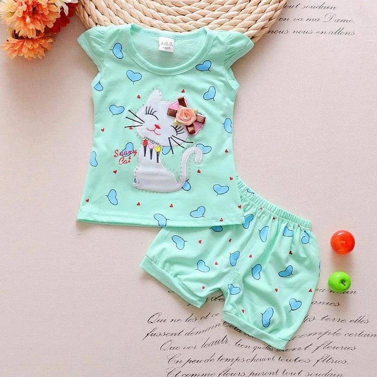 Newborn Girls Cat T Shirt Tops Short Sets Suit Clothes Blue